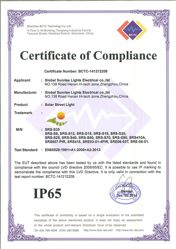 Global Sunrise lights Electrical Co.ltd Certifications