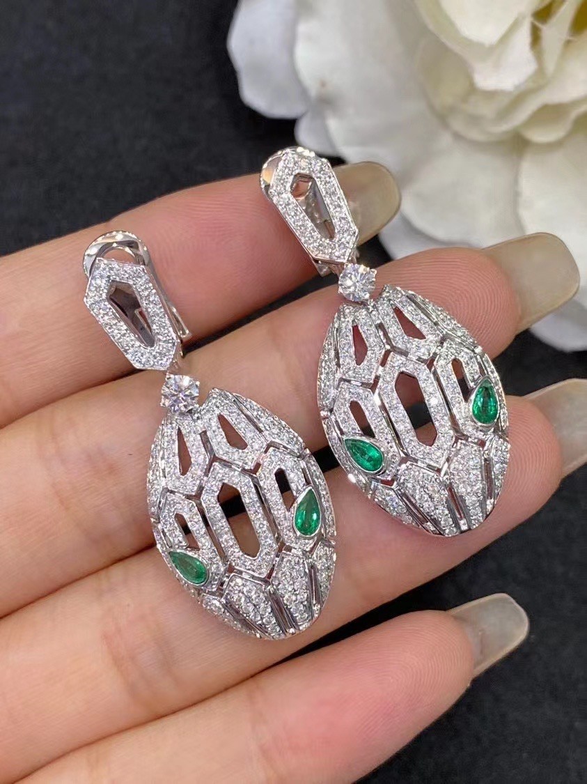 Quality White 18K Gold Diamond Earrings Emerald Eyes Full Pave Diamonds for sale