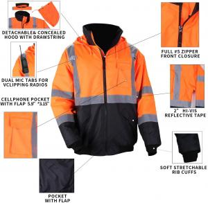 Quality Full Zip Padding Orange Bomber Hi Vis Waterproof Jacket Soft Fleece Lining for sale