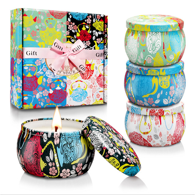 Buy Custom Retro Patterns Travel Metal Jar Scented Candle Tin Candle Gift Sets at wholesale prices