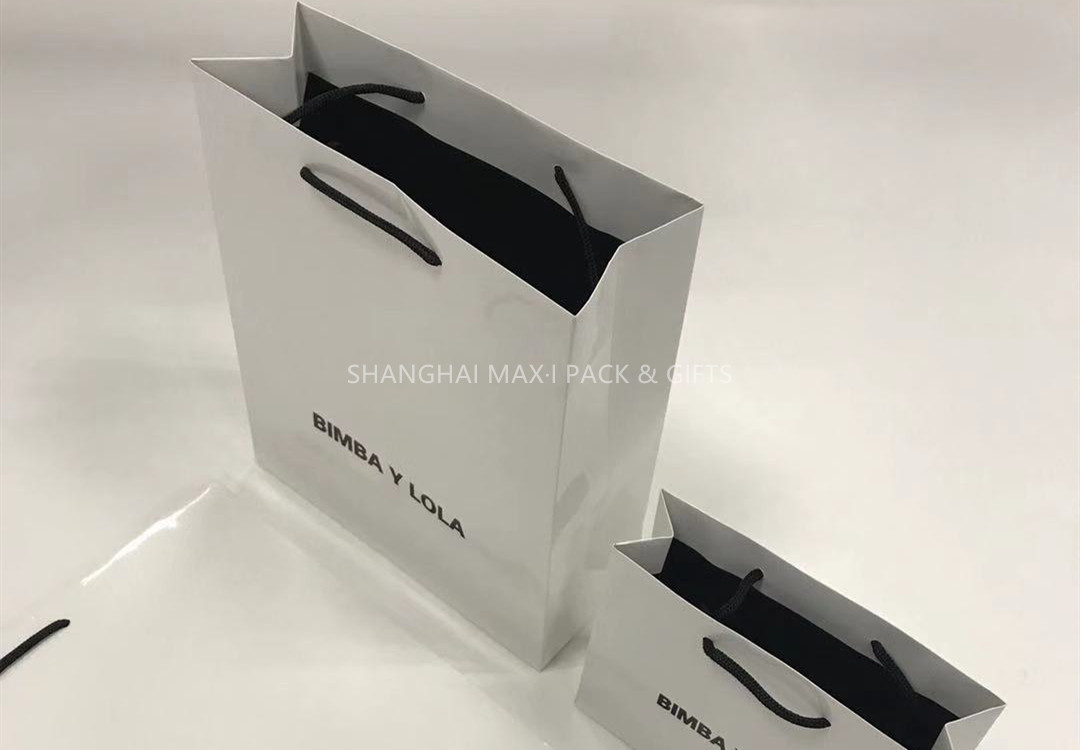 Quality Shopping Branded Paper Bags With My Logo Foil Printing With Black String Handle for sale