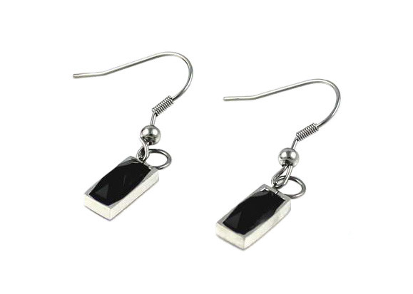 Quality Flat Oblong Stainless Steel Drop Earrings With Jet Crystal Silver Plated for sale