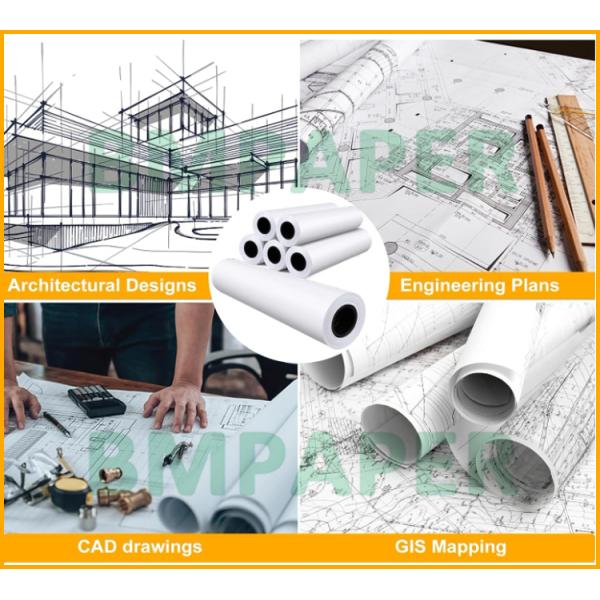 20# Plain White Bond Paper Roll For Wide Format Inkjet Printers 24 In x 150 Ft