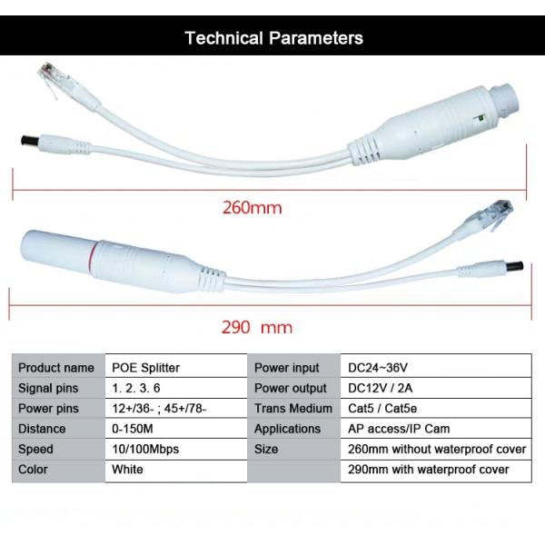 Mini Waterproof PoE Splitter 10/100M 24V to 12V 2A for 24V POE switch and IP Cameras