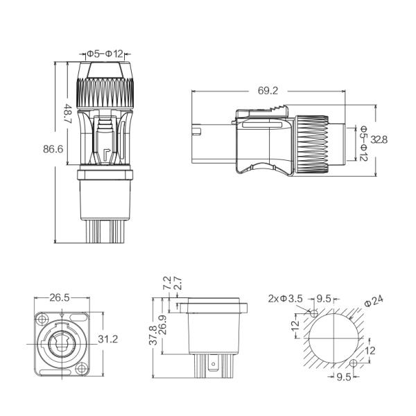 M24 YF-24 3 Pin Socket Plug IP68 Powercom Outdoor Cnlinko Male Waterproof Connector