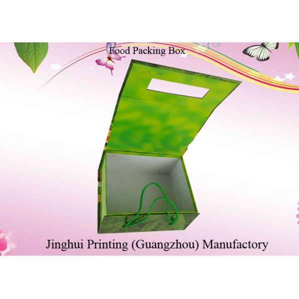 Food Packing Paper Box Green CMYK Color Printing Two Layers Paper Material Rigid Box with Green Color Rope Handle