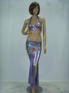 Quality 2 Pcs Belly Dancer Costume Purple Metallic Maxi Skirt Halter Neck Bra Flower Printing for sale