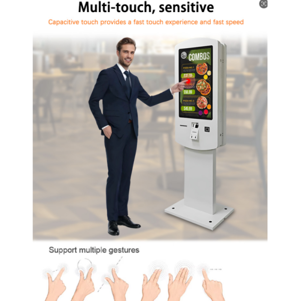 32 inch Indoor Double Sided PCAP Self Order Kiosk Built-in NFC QR Scanner Printer POS holder
