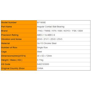 FAG Single Row High Precision Angular Contact Ball Bearing B71908E