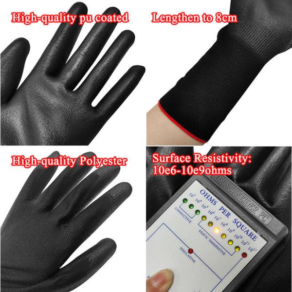 Lengthen Anti Static Gloves Polyester Black ESD PU Palm Coated