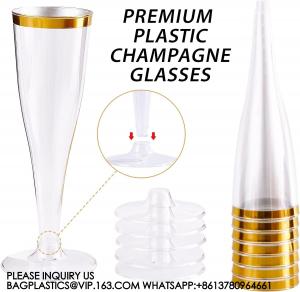 China Plastic Champagne Flutes, 4.5 Oz Gold Rim Glasses, Disposable Clear Toasting Glasses Recyclable Cups For Wedding Party on sale