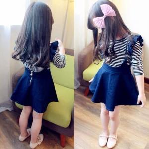 China 2016 Fashion Girl Colorful Kid's Dress long sleeve Blue and White Stripe Dancing DressT023 on sale