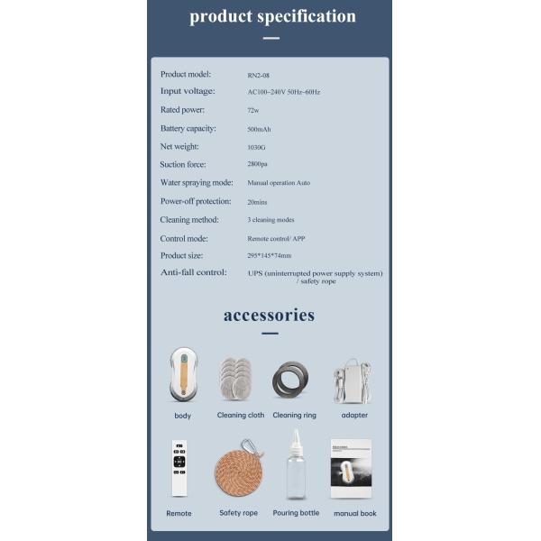 24V 72W Window Cleaning Robot with 2800Pa Suction