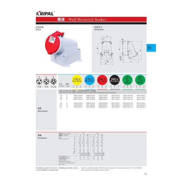 IP44 3P 16A Single Phase Three phase Industrial Wall Mounted Socket