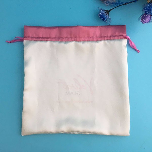 Customized Small White Satin Drawstring Bag For Makeup Bag Printed Logo