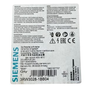 Quality SIEMENS 3RW3028-1BB04 SIRIUS SOFT STARTER S0 38 A, 18.5 KW/400 V, 40 °C 200-480 V AC, 24 V AC/DC SCREW TERMINALS for sale