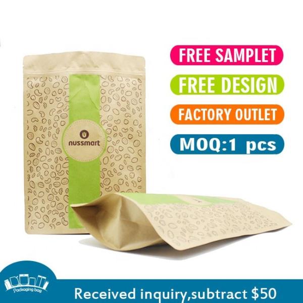Customized Printed ziplockk Brown Kraft Paper Stand up Pouch for Tea Stand up Zipper Bag