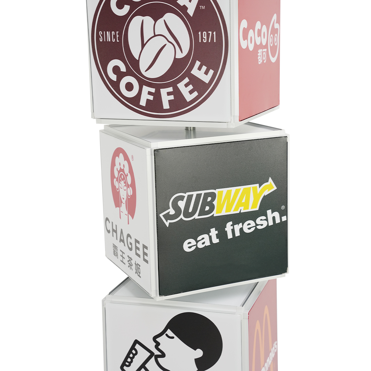 Rotating LED Light Box Floor Stand — 3/4-Layer Cubic Display, Wall/Floor/Ceiling, Aluminum + LED Strip