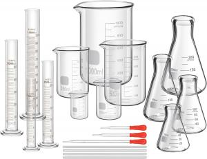 China Lab Glassware Include 4 Graduated Cylinder Set, 4 Glass Beaker Set, 3 Glass Dropper, 4 Stirring Rod, 5 Measuring Cups on sale
