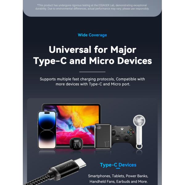 USB A To USB C 2 In 1 Micro Charging Cable 40W 1.2m ES-X60 Series