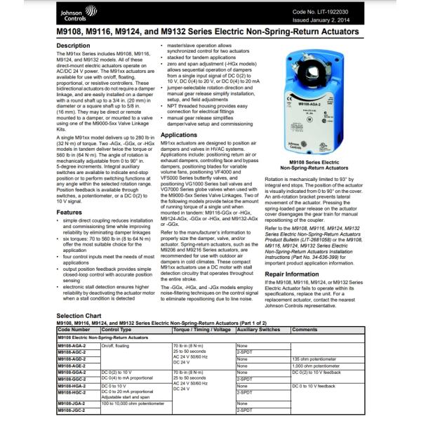 JOHNSON CONTROLS 24 VAC Proportional Non-Spring Return Rotary Actuator 70 Lb-in
