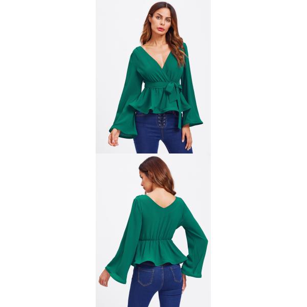 Bell Sleeve Wrap Blouse with Deep V Neck