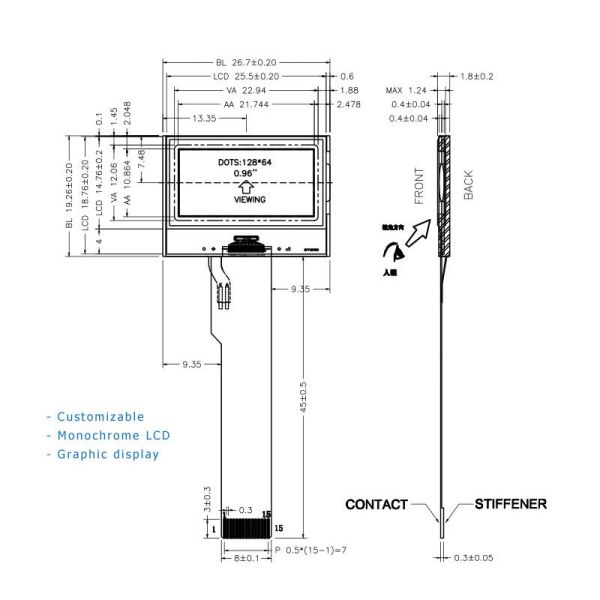 0.96 Inch Fstn / Positive / Transmissive Mono Lcd 128x64 Resolution 1/65duty,1/9bias