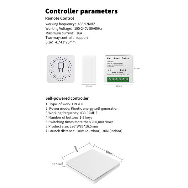 16A 433Mhz Wireless Kinetic Energy Switch 2 Way Push Button Waterproof Light Switch