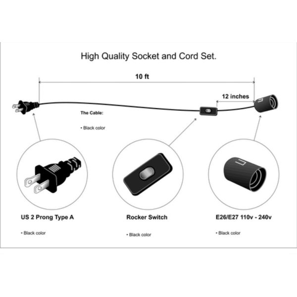 NEMA 1-15P to E27 Socket Converter Cable with 303 Switch - 125V 10A