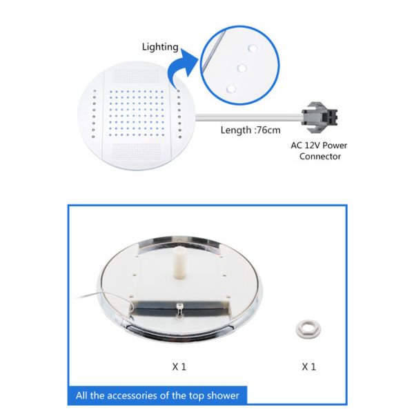 Multi Function Overhead Rainfall Shower Head 25CM Diameter With LED Lighting
