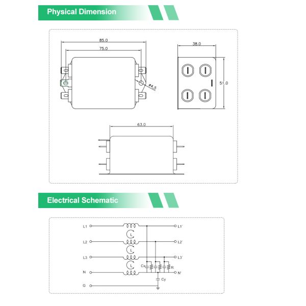 Fast On Terminal Out Three Phase EMI Filter YX91D4 10A Four Line Filter For Photovoltaic System