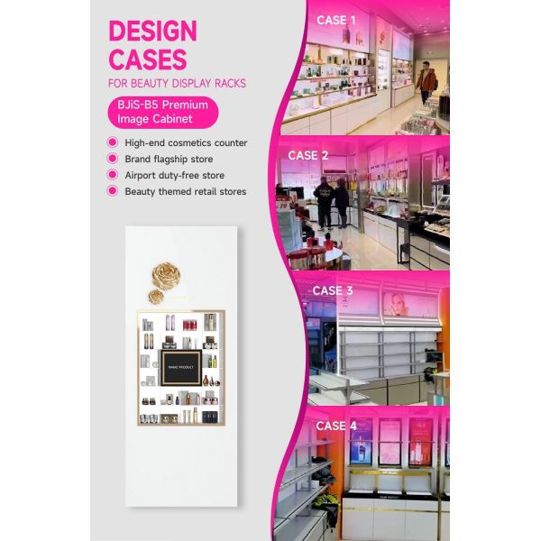 BJiS-B5 Golden Mirror Material Skincare Display Cabinet with LED Strip Lights for High-End Makeup