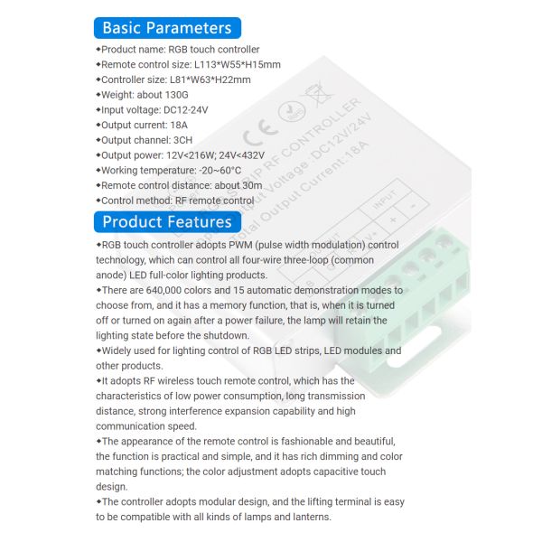 RF Touch Remote RGB LED Strip Controller DC 12V 18A For RGB LED Strips