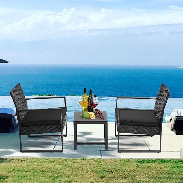 Three Pieces Wicker Rattan Set With Coffee Table Chairs Thick Cushions