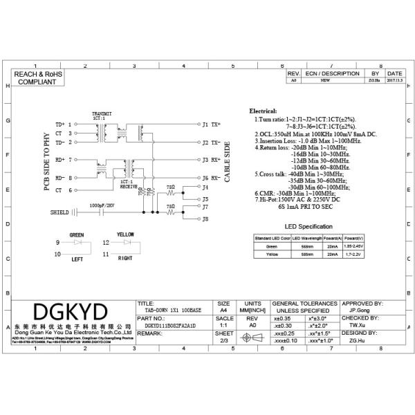 1x1 Port 8P8C RJ45 Single Port Magnetic Jack With Transformer