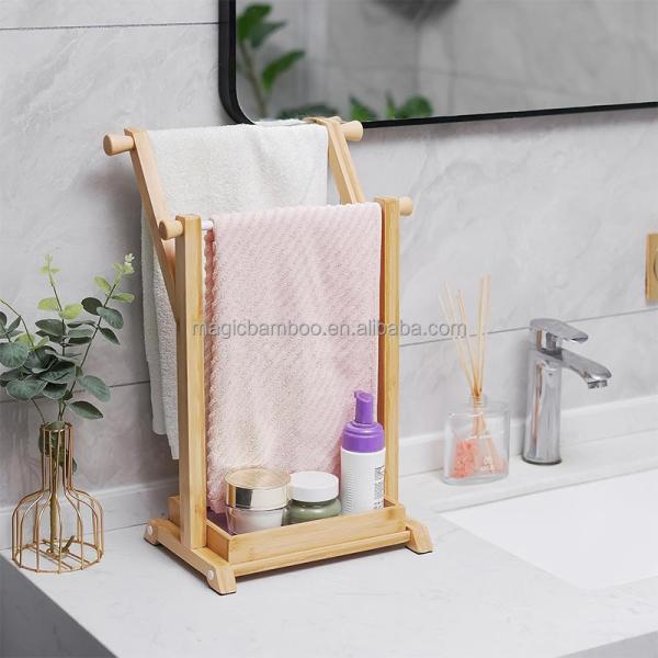 Sustainable Bamboo Hand Towel Holder Stand for Small Bathroom and Kitchen Countertops