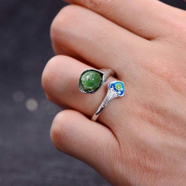 925 Sterling Silver Enamel Natural Jade Ring Open Adjustable Size (059850)