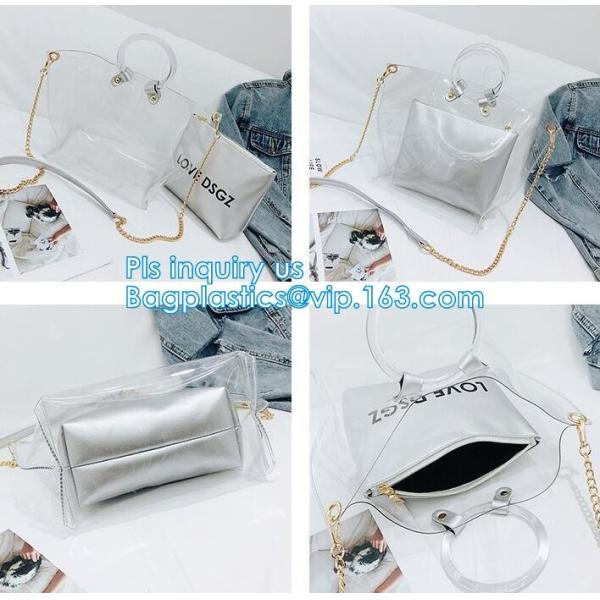 fashion women's handbag tote bag with zipper shopping bag ladies handbag shiny durable clear PVC lady bag with pouch