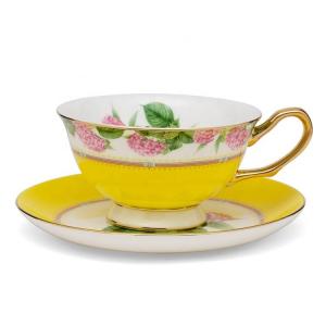 China Pink Floral Design Porcelain Cups Decal Luxury Coffee Tea Cup And Saucer With Colorful Rim on sale