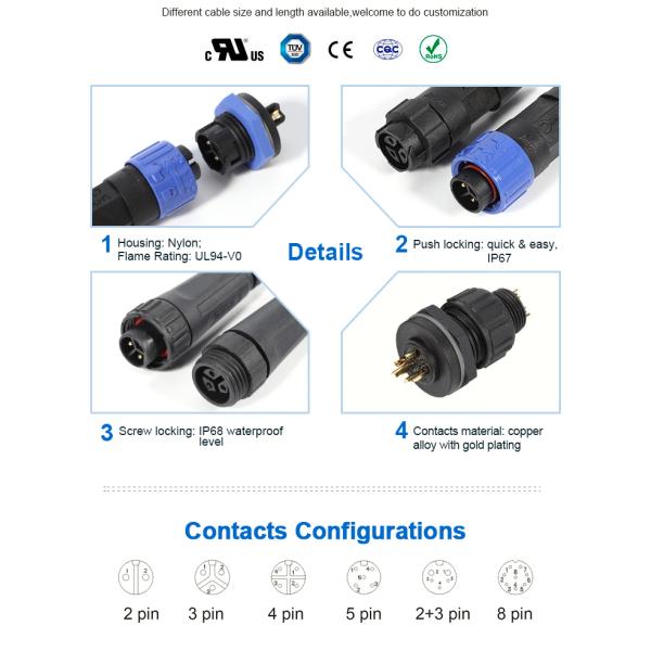 Panel Mount 3 Pin Waterproof Aviation Connector IP68 M16 Plastic Round Type