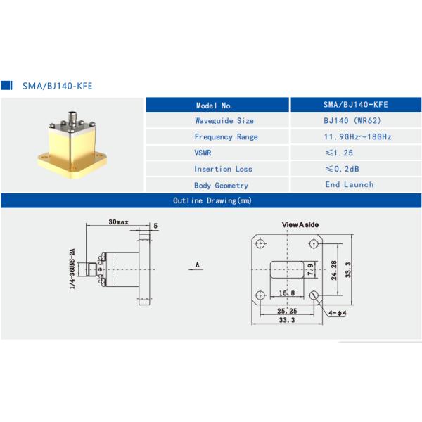 9.84-15GHz WR75 to SMA Female End Launch Waveguide to Coax Adapter Brass SMA/BJ120-KFE