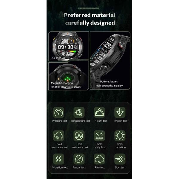 KC82 Sport Smart Watch 1.45 inch Screen Compass GPS Tracker 650mAh Battery For Men