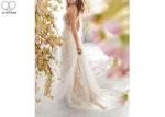 Sexy A Line Bridal Gowns / Sling Beige Deep V Neck Wedding Gown Laces Beading