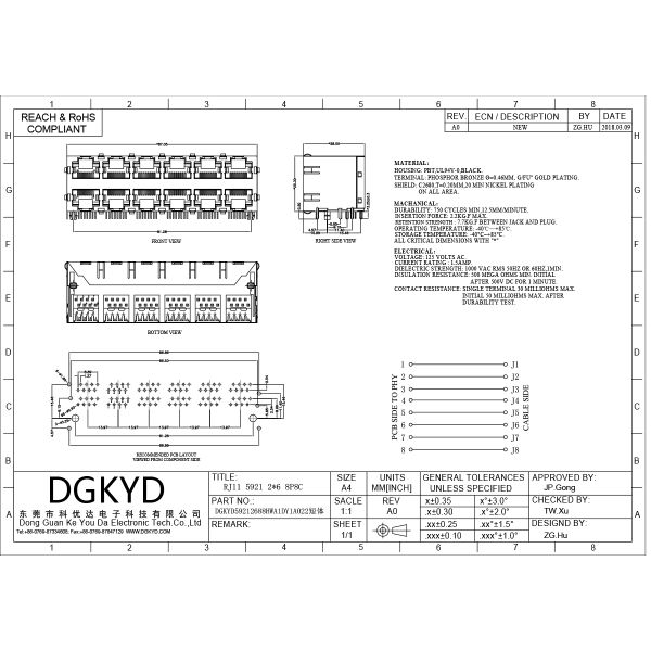 RJ45 multi port female connector 2X6 network interface socket DGKYD59212688HWA1DY1A022