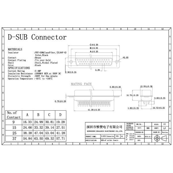 30 Pin DB D D Subminiature Connector Female Straight Type Strong Contact