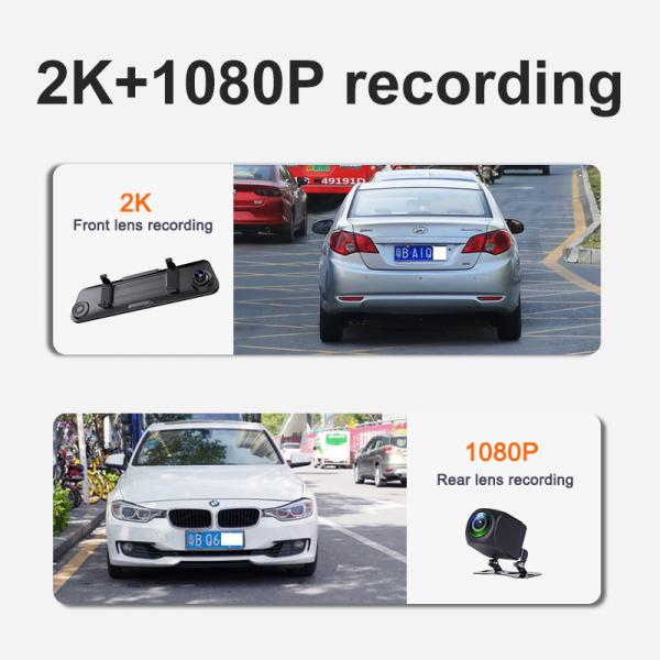 Dual Lens Mirror Dashcam Carplay Reverse Camera Auto Wireless Miracast 2K 12 Inch