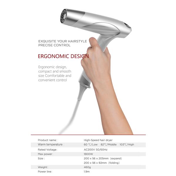 Low Noise Ion Hair Dryer With Nozzle Hot & Cold Air Speed Adjustment Styling Tool