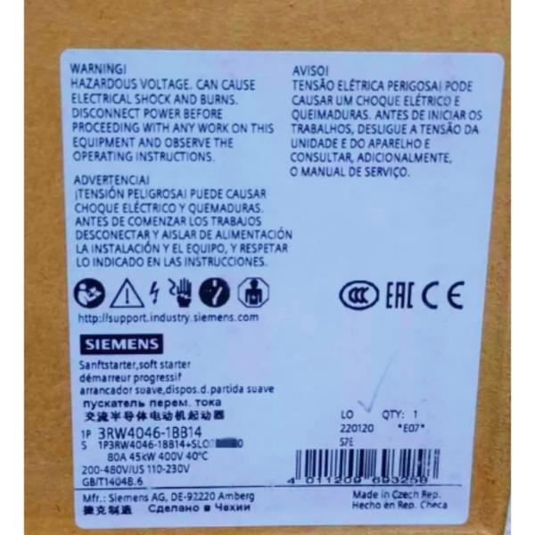 SIEMENS 3RW4046-1BB14 SIRIUS SOFT STARTER S3 80 A, 45 KW/400 V, 40 °C 200-480 V AC, 110-230 V AC/DC SCREW TERMINALS