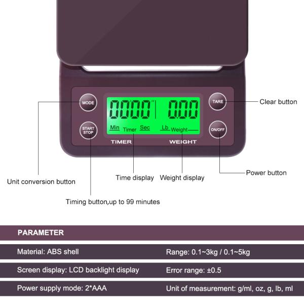 6.6LBS 3kg Load Electronic LCD Coffee Weighing Scale