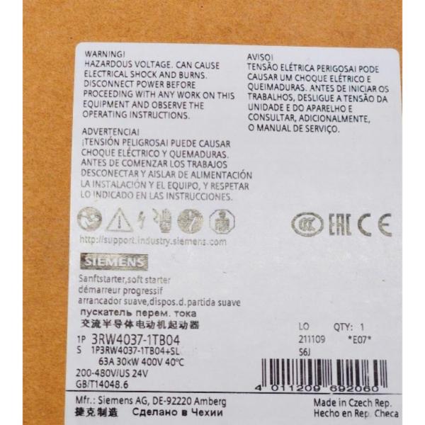 SIEMENS 3RW4037-1TB04 SIRIUS SOFT STARTER S2 63 A, 30 KW/400 V, 40 °C 200-480 V AC, 24 V AC/DC